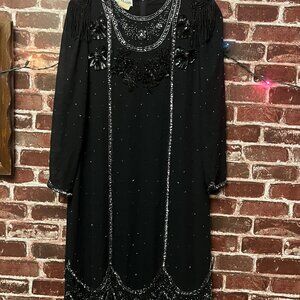 Vintage Mac Bryan Beaded Silk Cocktail Dress - Art Deco Fringe & Sequins